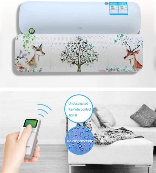 Air conditioner wind deflector with perforated deer and tree print, shown with a remote control