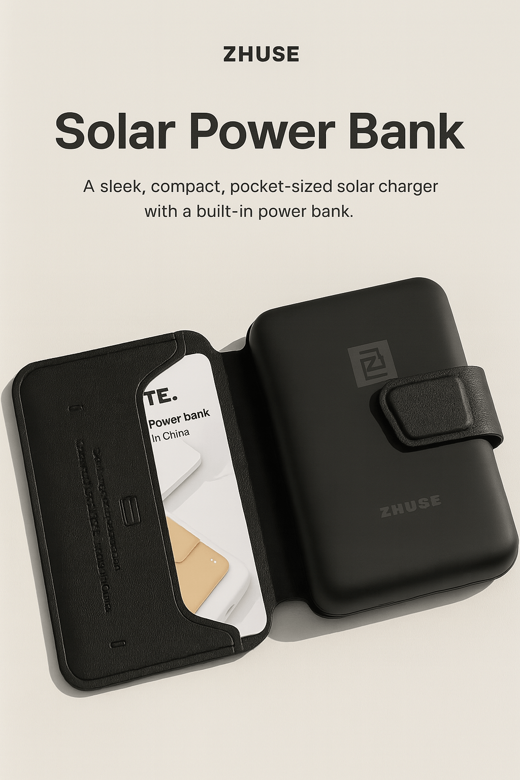 ZHUOSE card-style power bank opened, showing its black cover and inner card slots