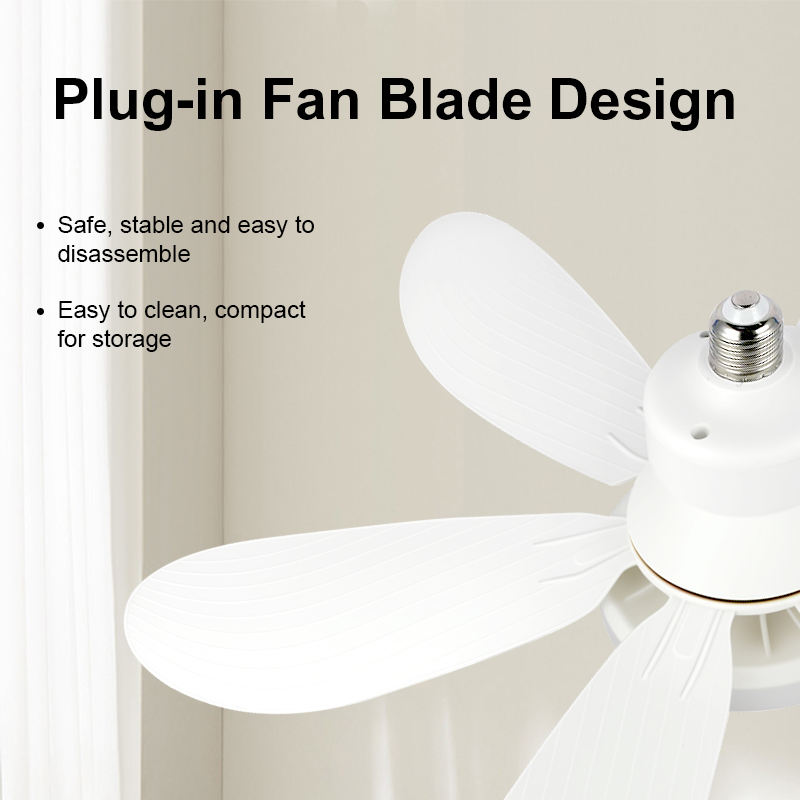 Close-up of white plug-in fan blades attached to the light's screw-in base