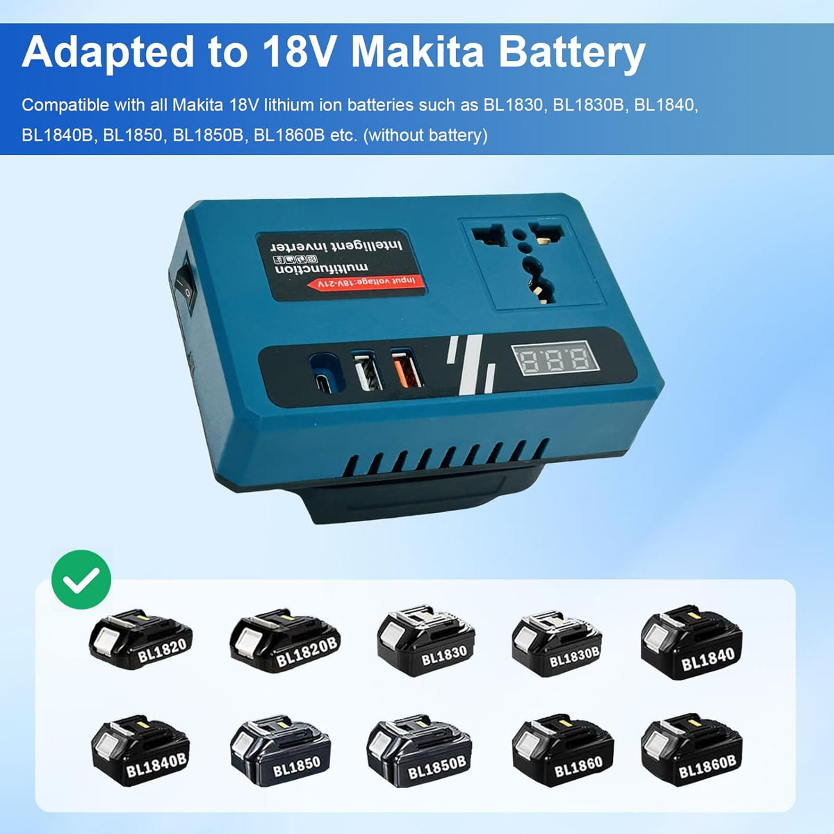 Blue battery-powered inverter with AC socket, USB ports and digital voltage display