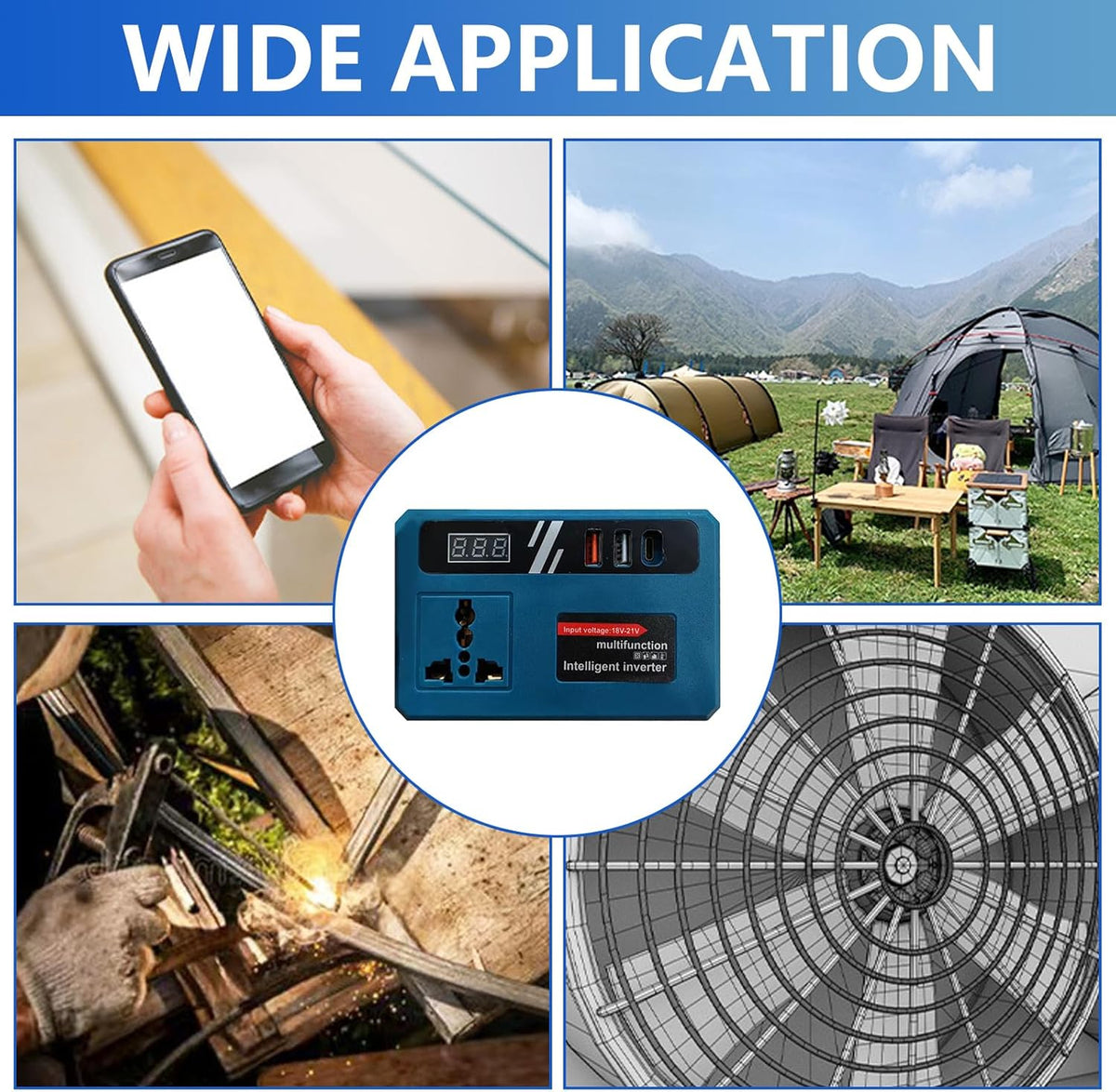 Blue inverter with universal outlet and USB ports, shown for phone, camping and tool use