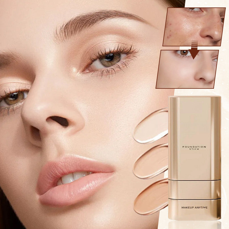 Water Light Base Stick Foundation shown beside foundation swatches on skin
