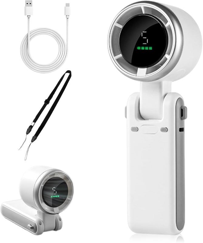 White handheld portable turbo fan with digital display, foldable handle, wrist strap and USB cable