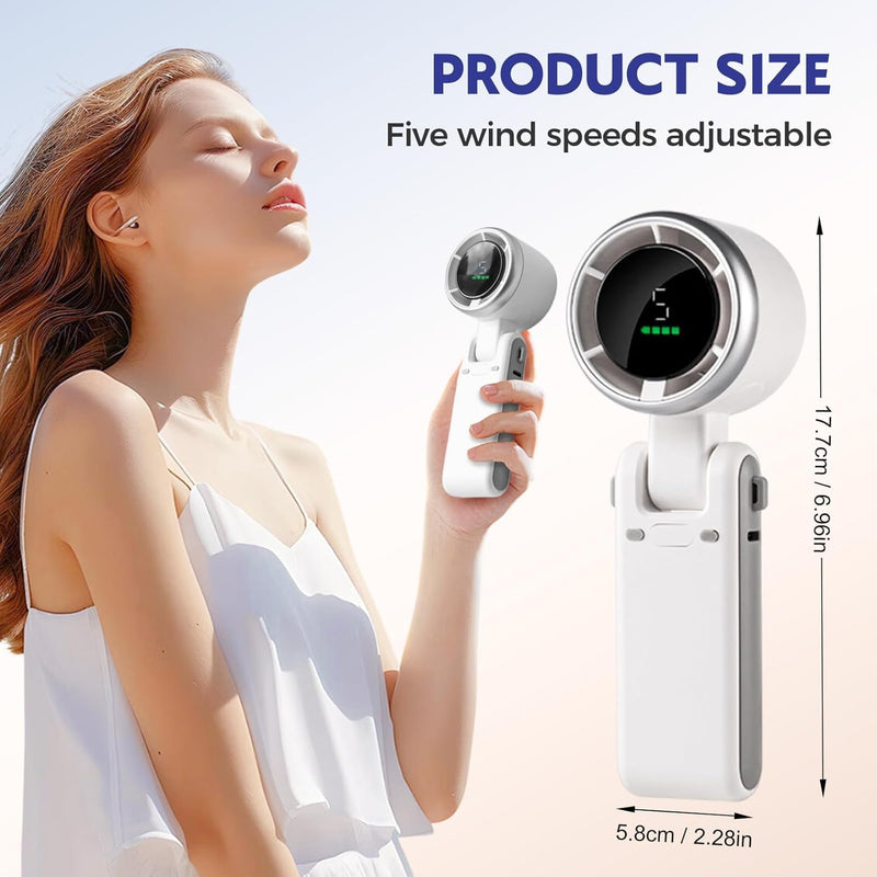 White handheld portable turbo fan shown with five speed settings and 17.7 cm height