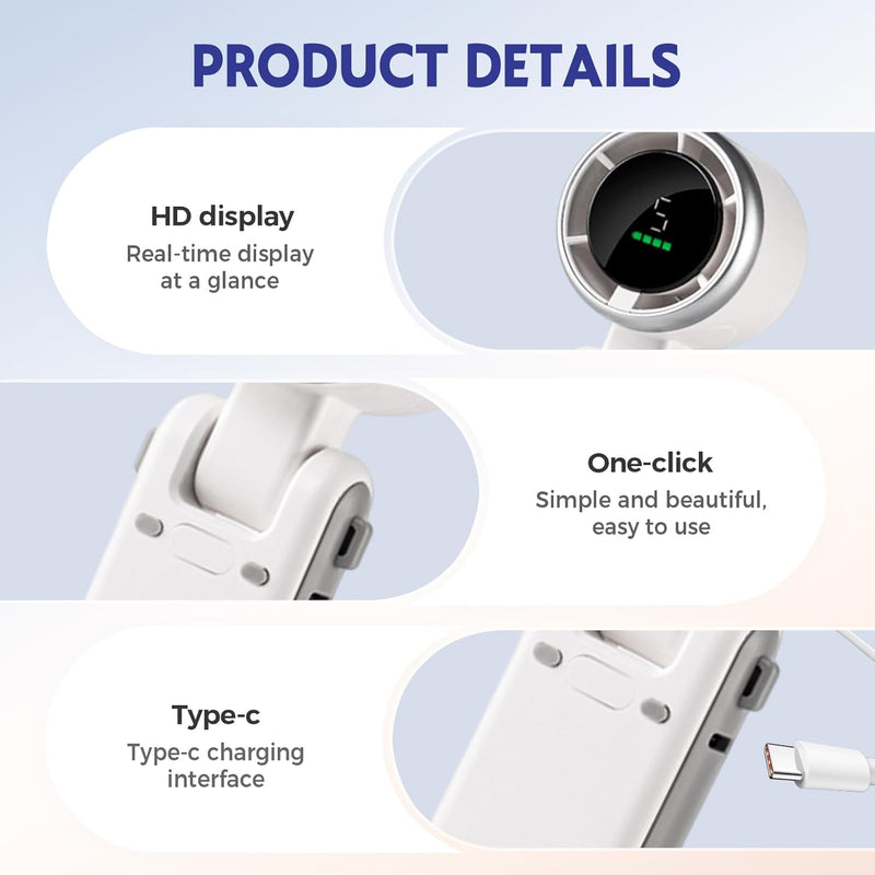 White turbo fan close-up showing its digital display, folding hinge and USB-C charging port