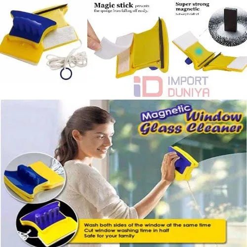 Magnetic glass cleaner with blue grip, yellow body, cleaning pads, and safety cord