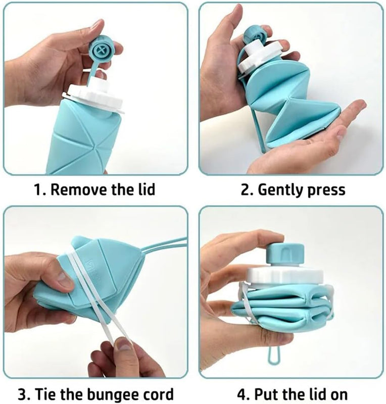 Blue folding water bottle shown in steps for removing the lid, collapsing, tying, and closing