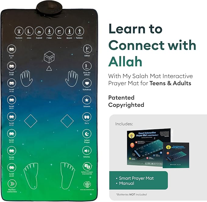 Interactive prayer mat with touch controls and step-by-step prayer guidance symbols