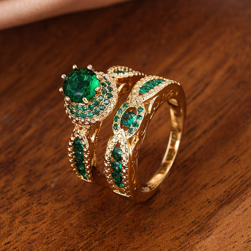 Women's gold ring with green zircon inlays and large green center stone