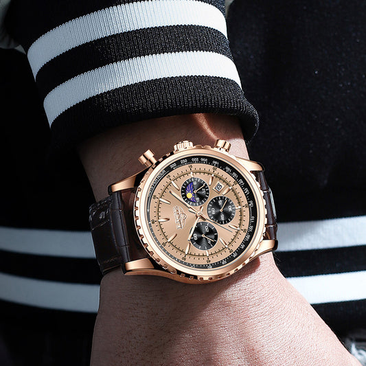Rose-gold quartz chronograph watch with black leather strap and round multifunction dial