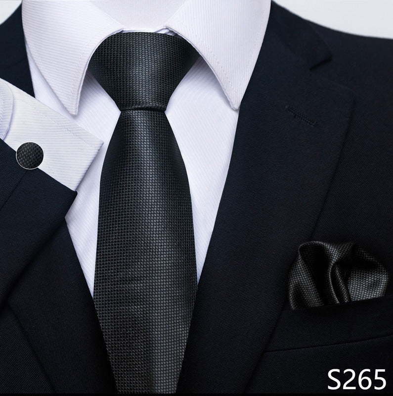 Men's formal tie set with dark textured black tie and matching pocket square