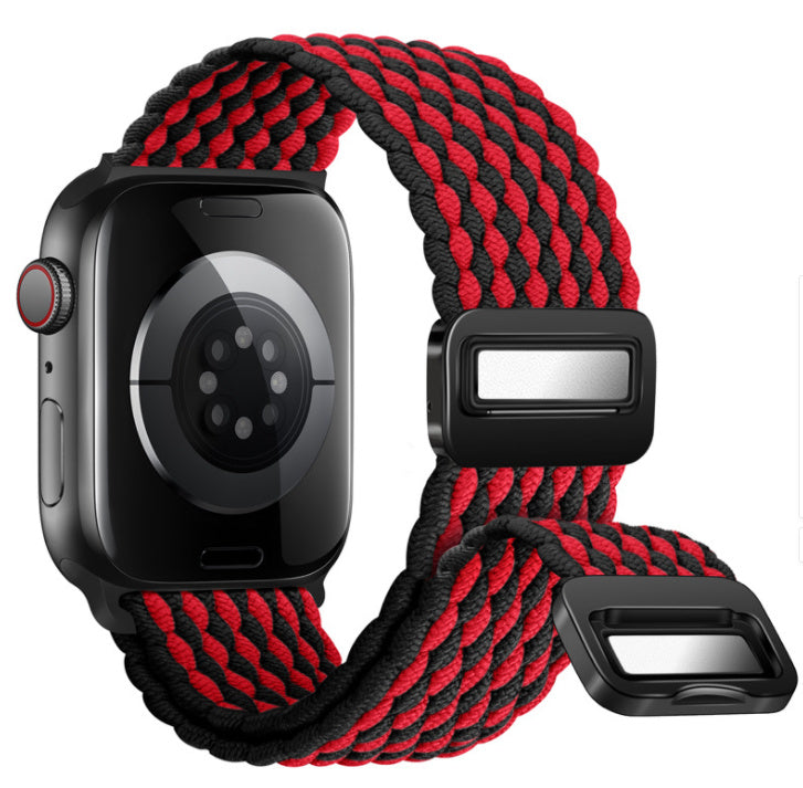 Smartwatch with a red and black braided band on a white background
