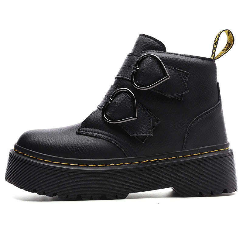 Women's thick-soled boots, black upper with heart-shaped buckle straps