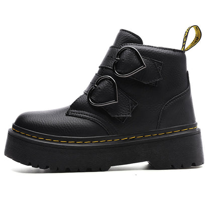 Women's thick-soled boots, black upper with heart-shaped buckle straps