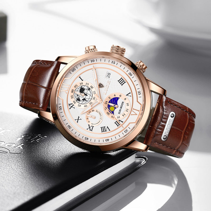 Men's rose gold moon phase quartz watch with white dial and brown leather strap