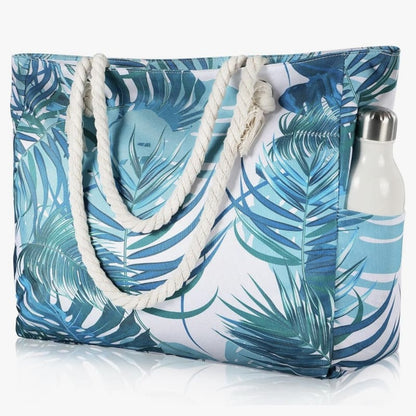 Printed polyester shoulder bag with tropical leaf print, braided rope handles, open top
