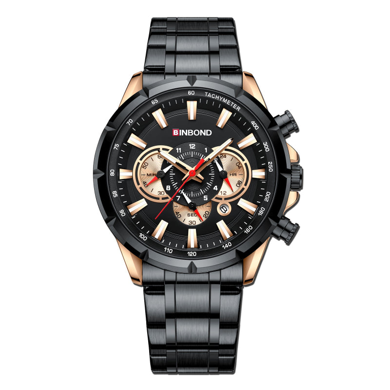 Black dial tactical wristwatch with gold accents and black metal bracelet