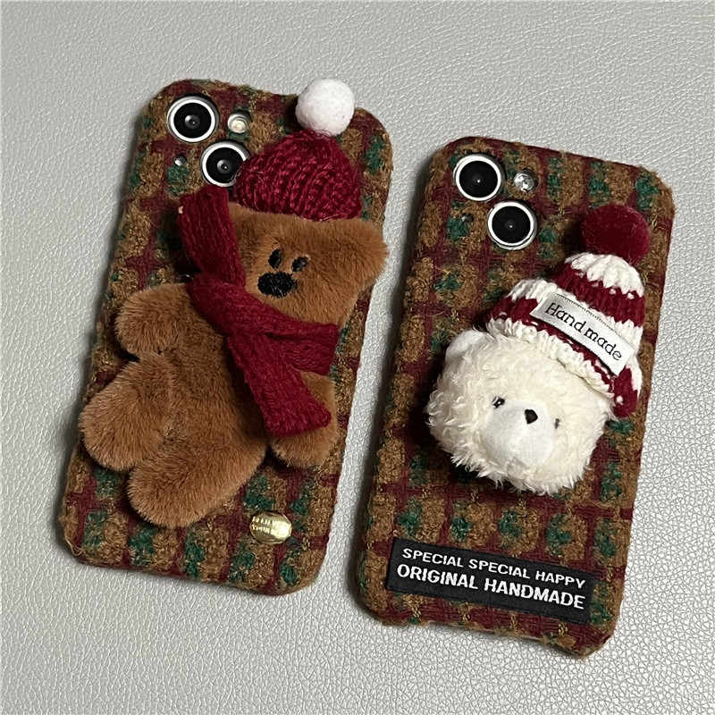 Handmade plush plaid iPhone case with teddy bear and red knitted hat, camera cutouts