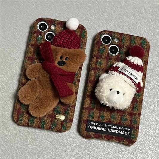 Handmade plush plaid iPhone case with teddy bear and red knitted hat, camera cutouts