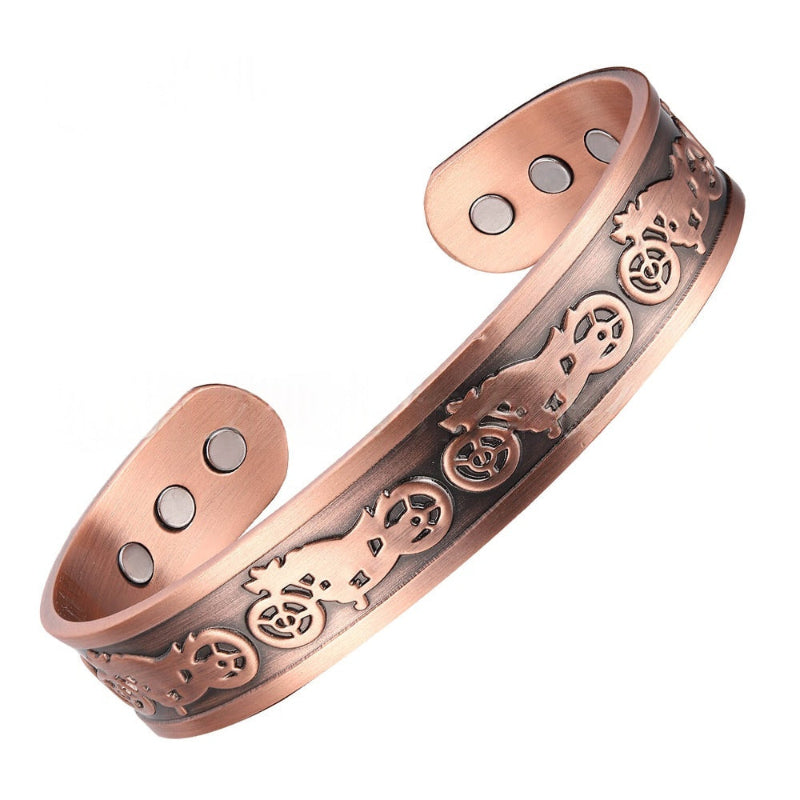 Copper-tone magnetic bracelet with minimalist engraved motif and three round snap points