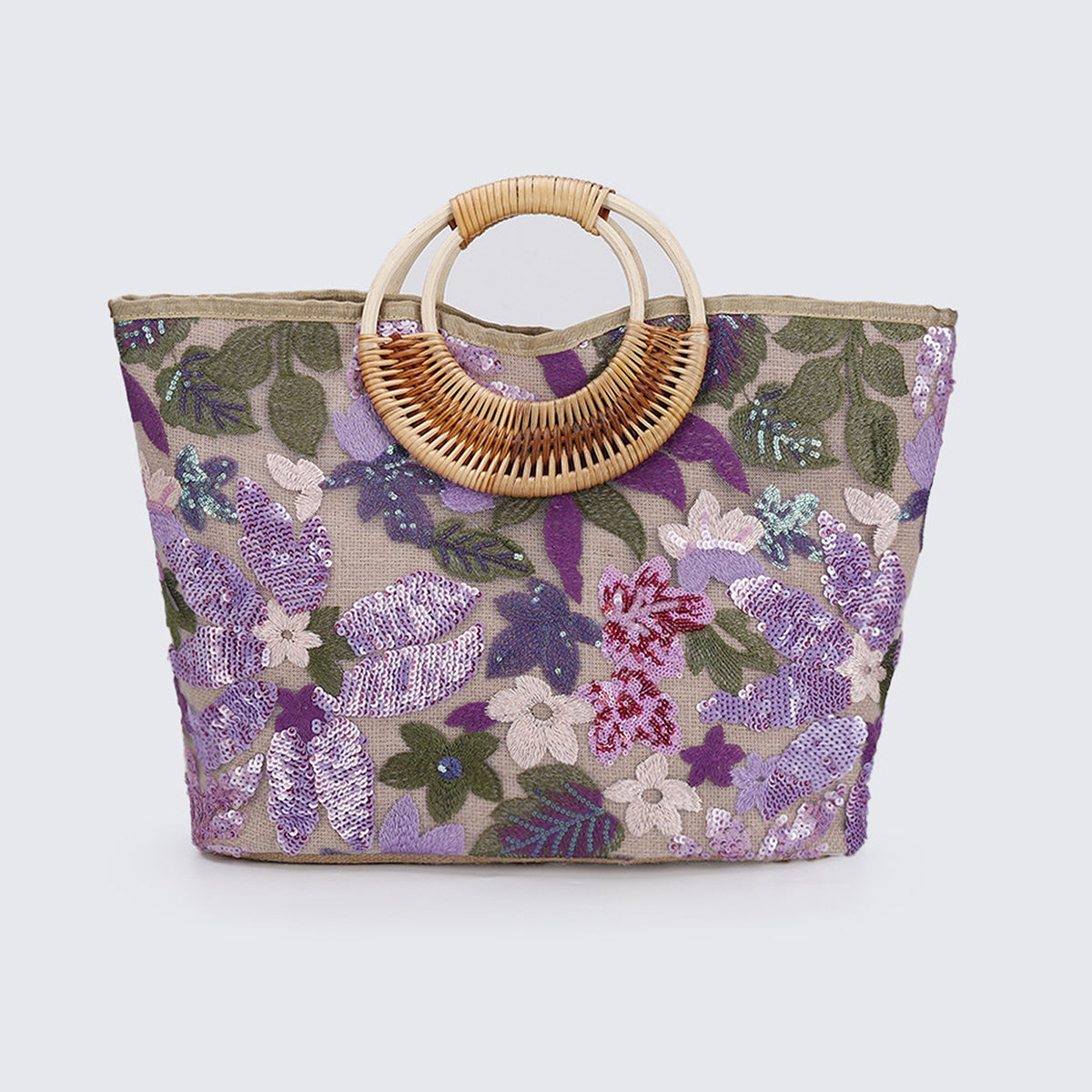 Large woven cotton tote bag with purple sequined floral pattern and rattan half-moon handle