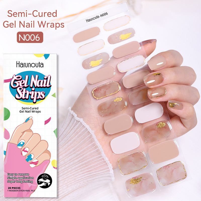 Harunouta Gel Nail Strips packaging with a hand wearing the nail wraps on a white background