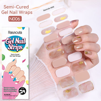 Harunouta Gel Nail Strips packaging with a hand wearing the nail wraps on a white background