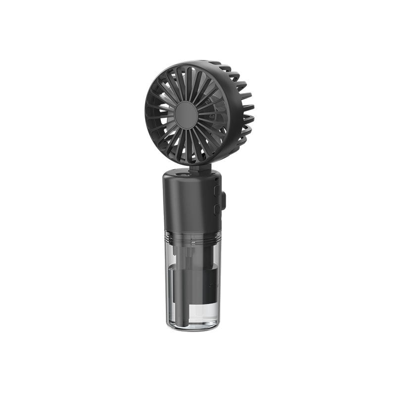Black spray fan with round grille and clear mist chamber on a small stand