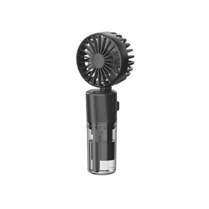 Black spray fan with round grille and clear mist chamber on a small stand