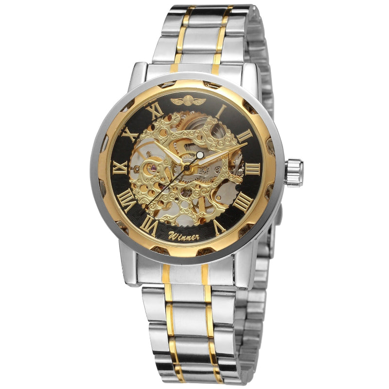 Mechanical skeleton watch with gold dial, gold inlays, and silver bracelet with gold bars