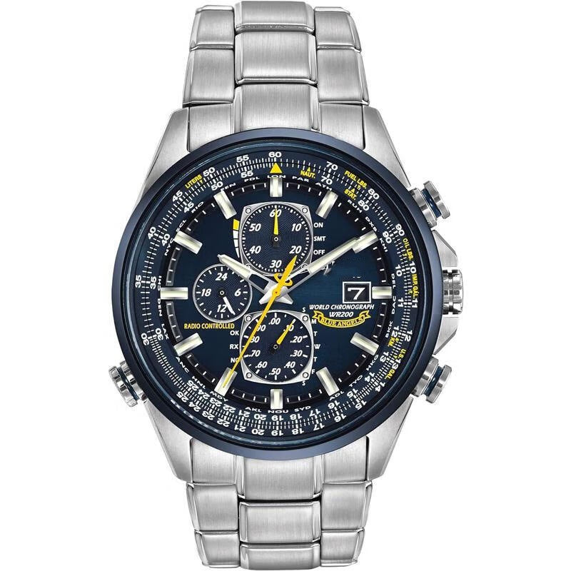 Silver wristwatch with a detailed face on a white background