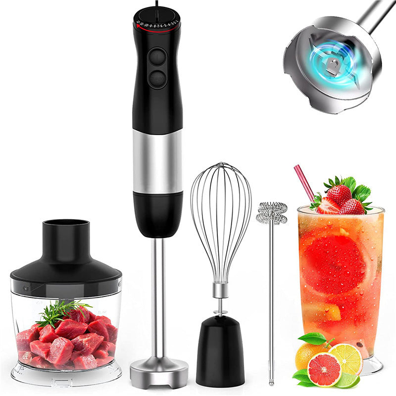 Handheld immersion blender set with whisk and mixing cup attachments.