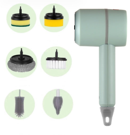 Electric cleaning brush with green handle and six replaceable scouring pads