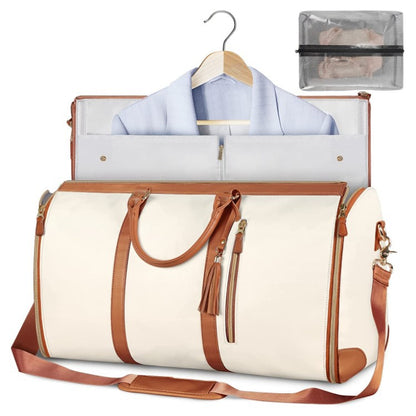 White and brown large-capacity travel duffel bag with zipper top and shoulder strap, open inside