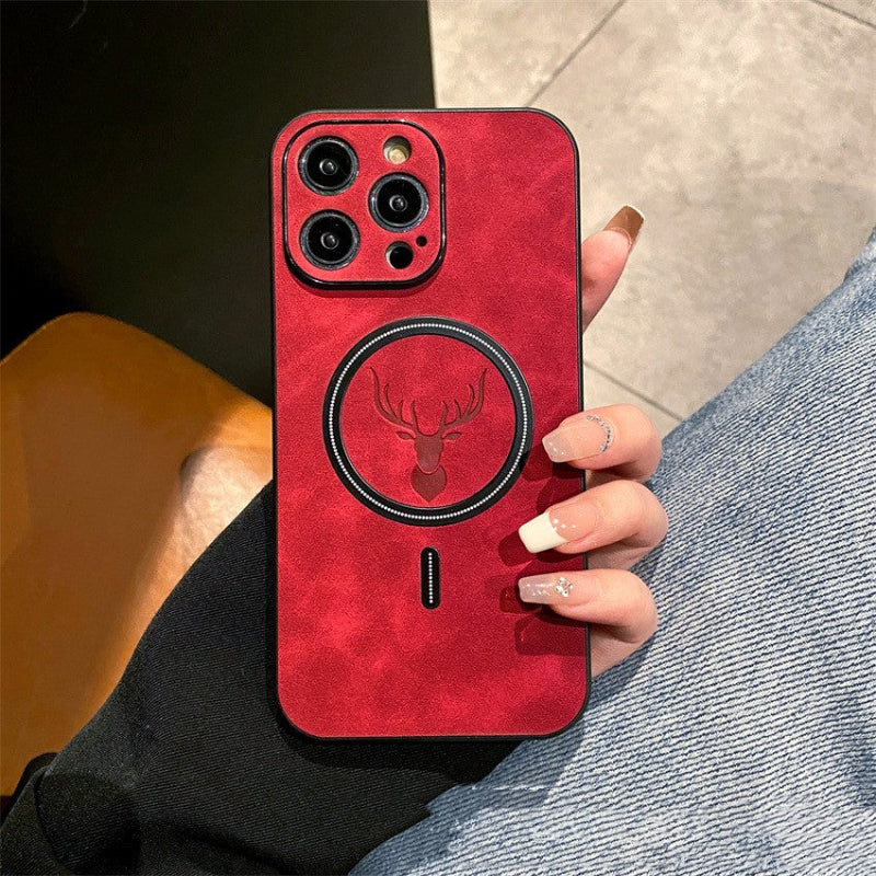 Red phone case with a deer emblem held by a person