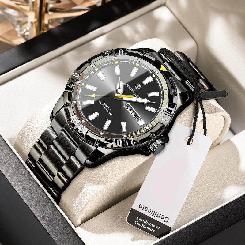 Black wristwatch with a certificate of conformity tag on a beige cushion