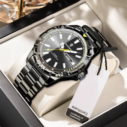 Black wristwatch with a certificate of conformity tag on a beige cushion