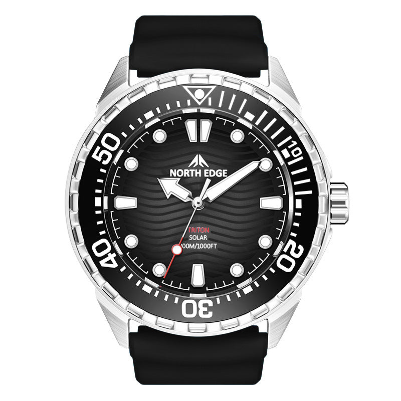 Solar dive watch with black dial and black silicone strap, stainless steel bezel
