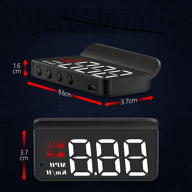 Black portable HUD device with size measurements and front speed digits