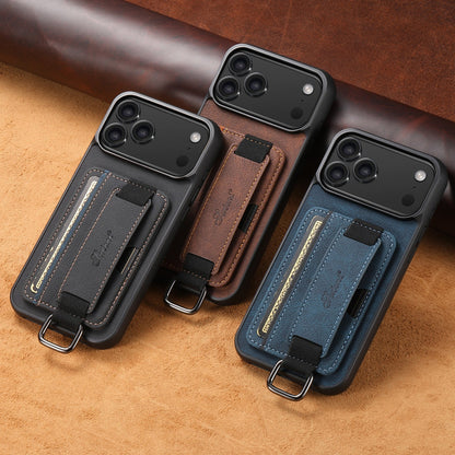 Three phone cases in black, brown, and blue on a leather surface