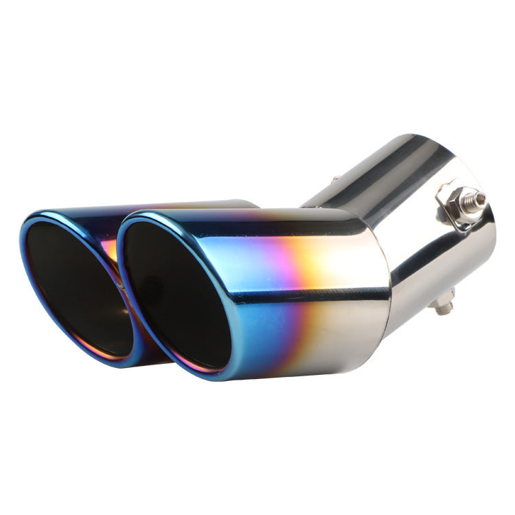 Double exhaust muffler tip with rainbow burnished outlets and stainless mounting section