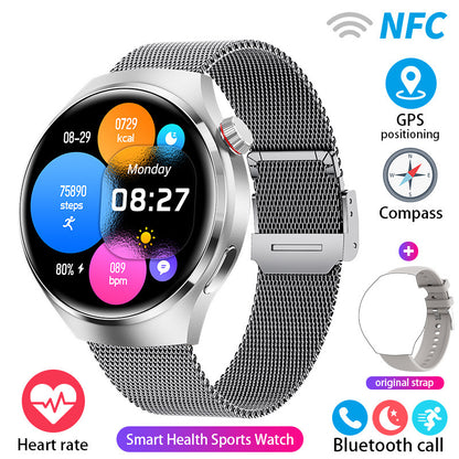 Silver-color round smartwatch with silver mesh band and colorful activity circles on the screen