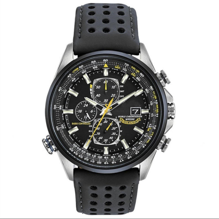 Wristwatch with black leather strap and detailed face on a white background