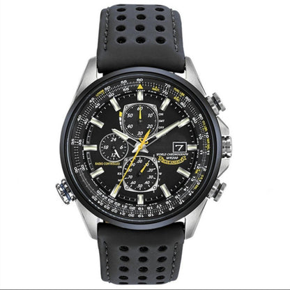 Wristwatch with black leather strap and detailed face on a white background