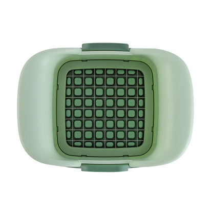 Green pet carrier with grid pattern on a white background