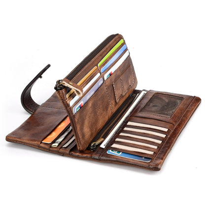 Brown leather wallet with multiple card slots on a white background