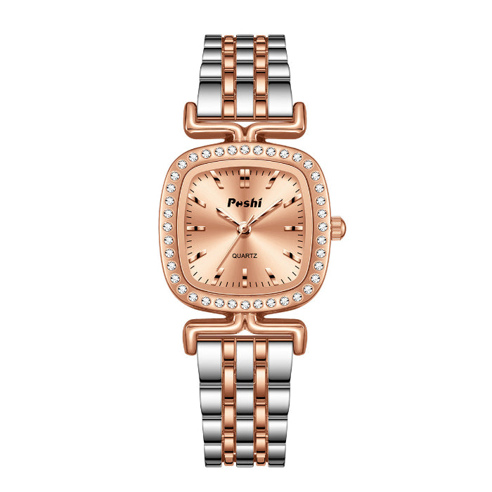 Women’s quartz watch with diamond bezel, rose-gold dial, and two-tone metal band