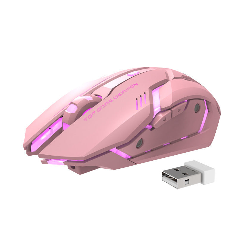 Light pink wireless gaming mouse with purple LED glow and USB receiver