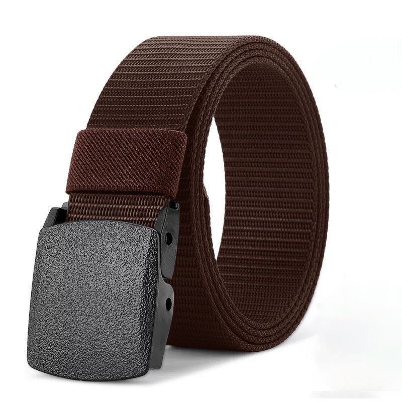 Brown belt with a gray buckle on a white background