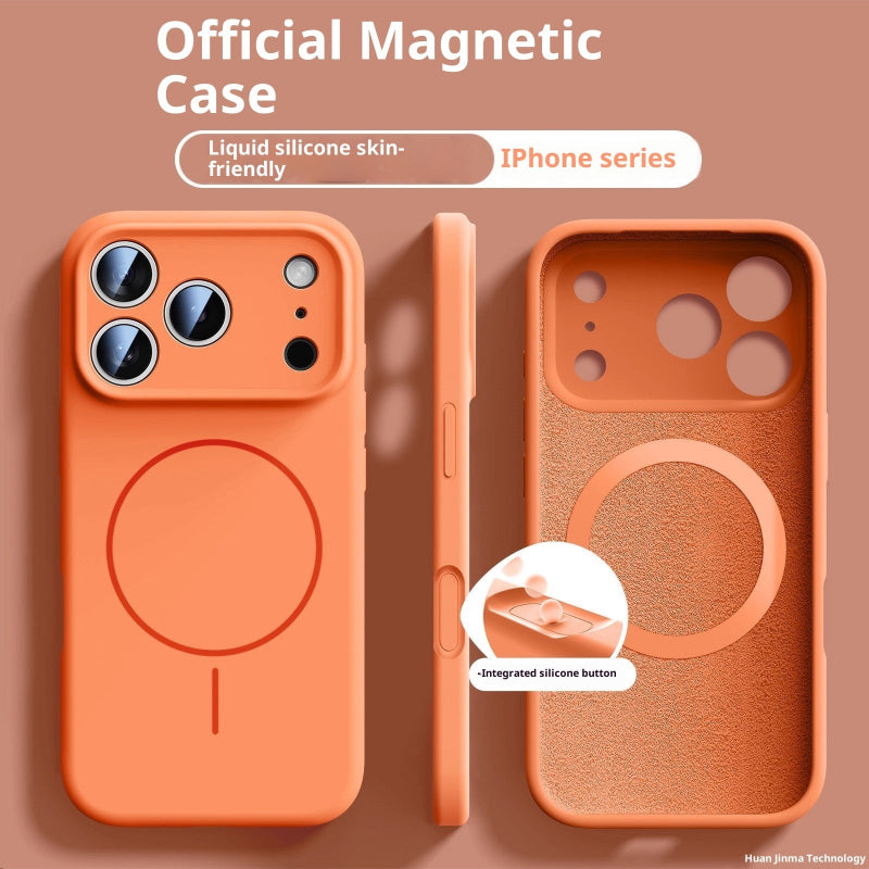 Orange magnetic case for iPhone with detailed view on a brown background